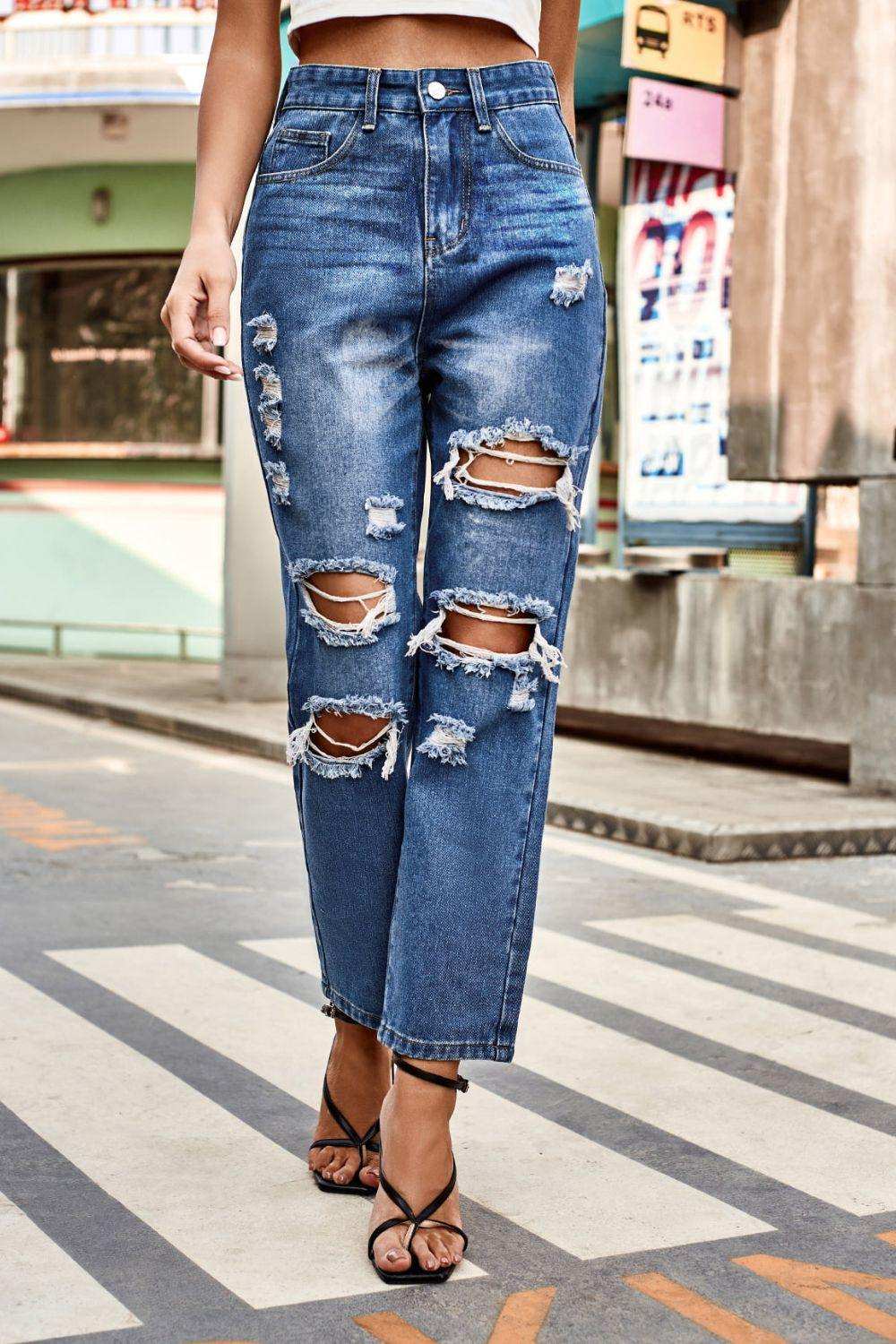 Distressed Buttoned Jeans with Pockets - Trendsi - Flyclothing LLC