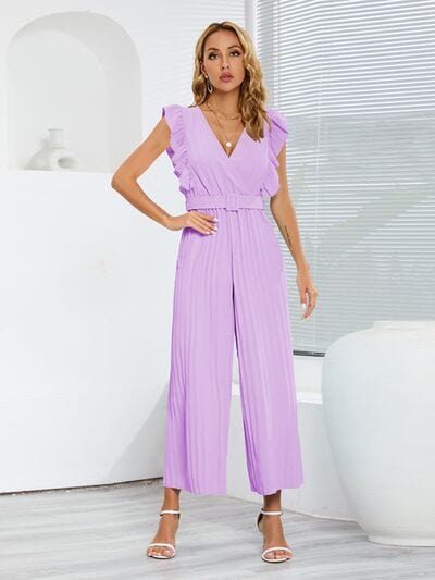 Ruffled Surplice Cap Sleeve Jumpsuit - Trendsi