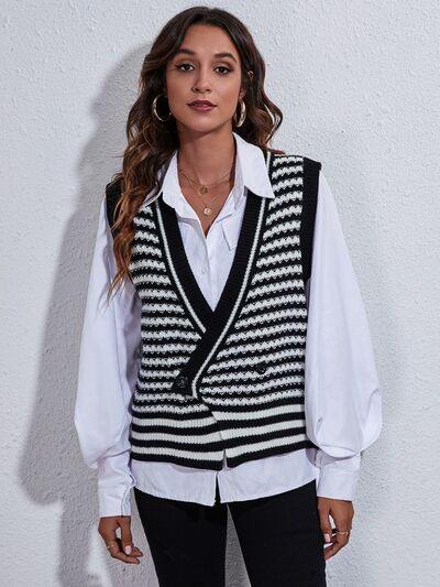 Striped Button Up V-Neck Sweater Vest - Flyclothing LLC