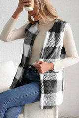 Sherpa Plaid Open Front Vest Coat - Flyclothing LLC