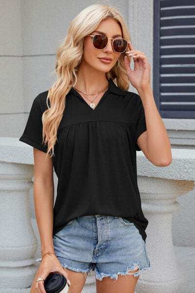 Ruched Johnny Collar Short Sleeve Blouse - Trendsi - Flyclothing LLC