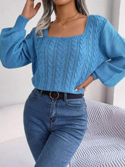 Cable-Knit Square Neck Long Sleeve Sweater - Trendsi