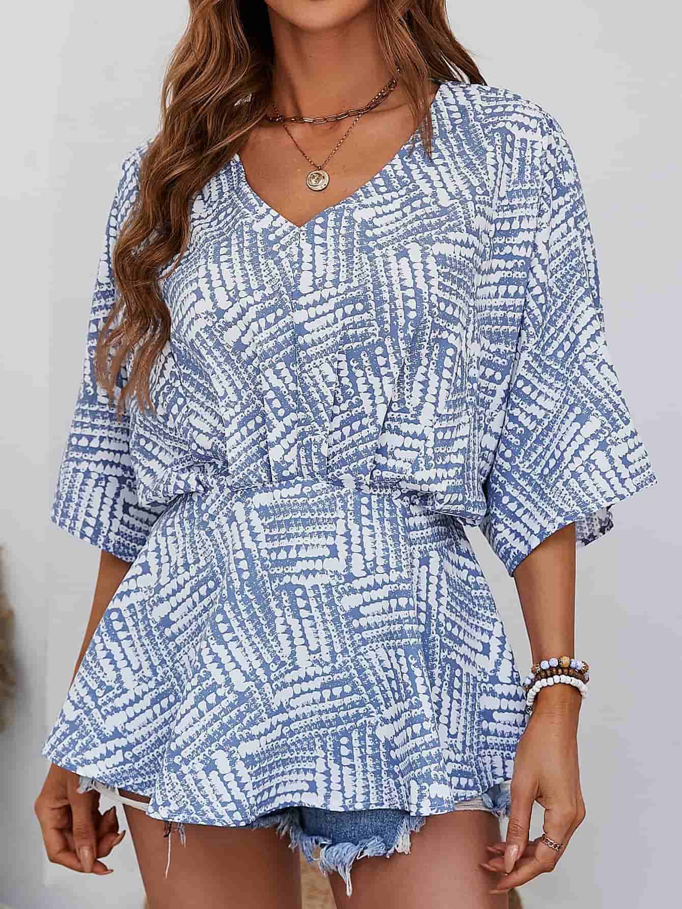 Printed V-Neck Dolman Sleeve Blouse - Trendsi - Flyclothing LLC