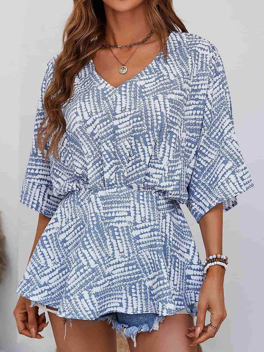 Printed V-Neck Dolman Sleeve Blouse - Trendsi - Flyclothing LLC