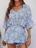 Printed V-Neck Dolman Sleeve Blouse - Trendsi - Flyclothing LLC