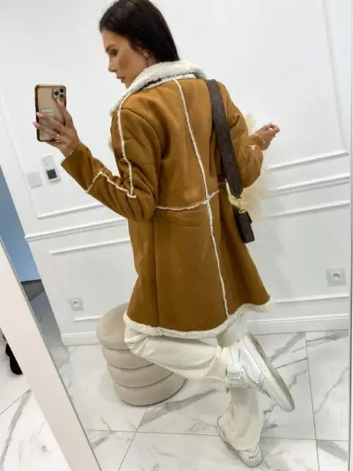 Lapel Collar Exposed Seam Buttoned Coat - Trendsi - Flyclothing LLC