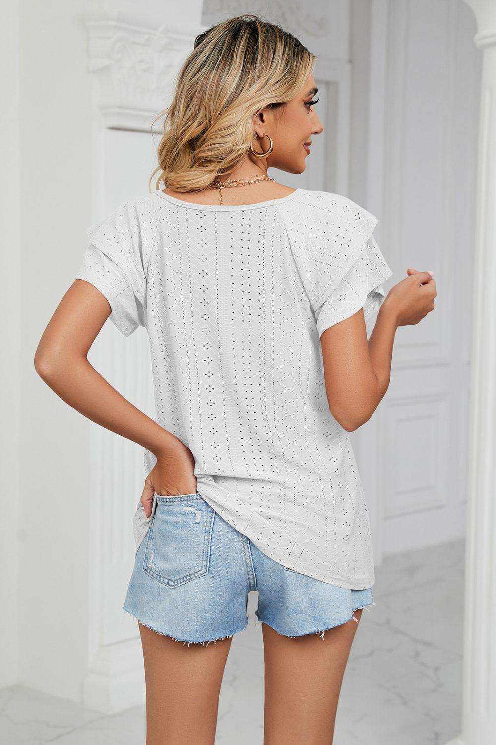 Eyelet Layered Flutter Sleeve V-Neck Knit Top - Trendsi - Flyclothing LLC
