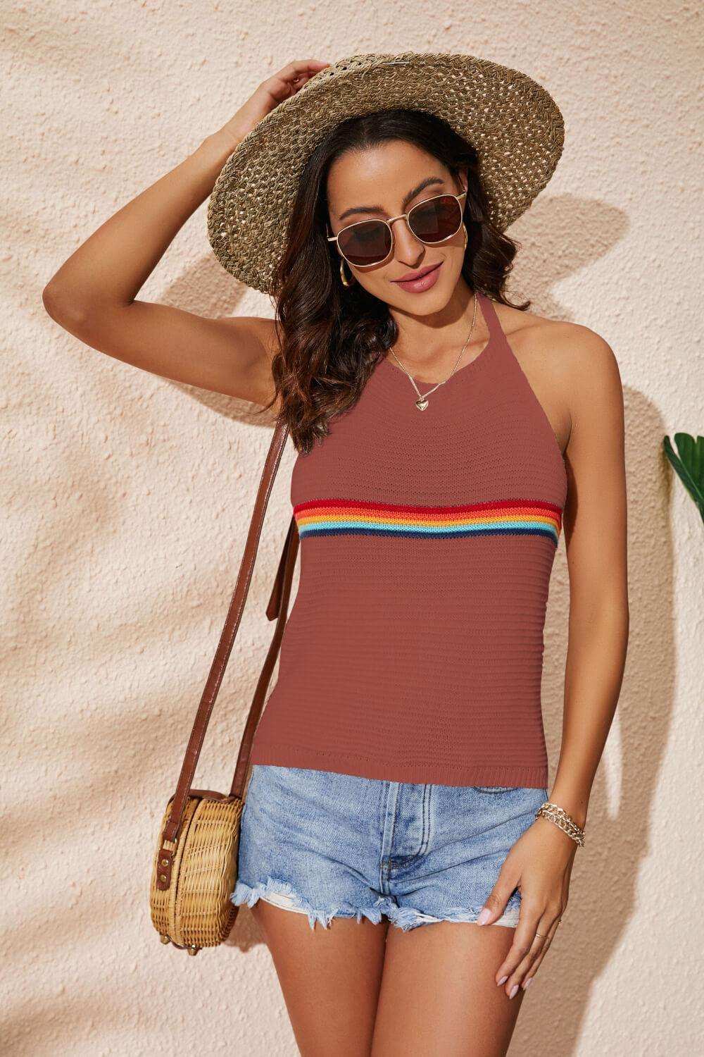 Rainbow Stripe Halter Neck Knit Tank - Trendsi - Flyclothing LLC