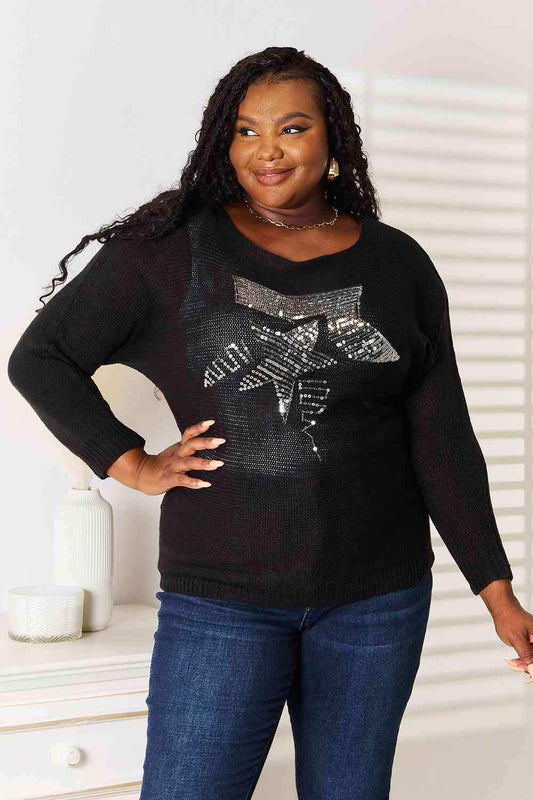 Double Take Sequin Graphic Dolman Sleeve Knit Top - Trendsi - Flyclothing LLC