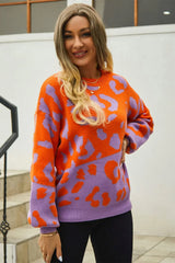 Leopard Round Neck Dropped Shoulder Sweater - Trendsi - Flyclothing LLC