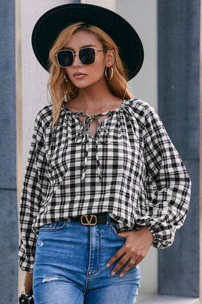 Plaid Tie Neck Balloon Sleeve Blouse - Trendsi - Flyclothing LLC