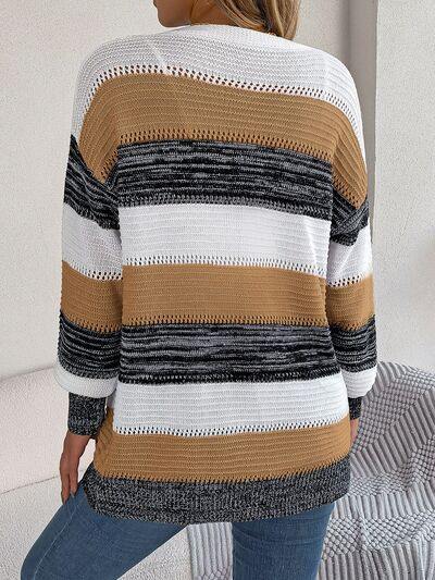 Openwork Striped Open Front Cardigan - Trendsi