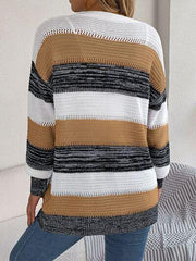 Openwork Striped Open Front Cardigan - Trendsi