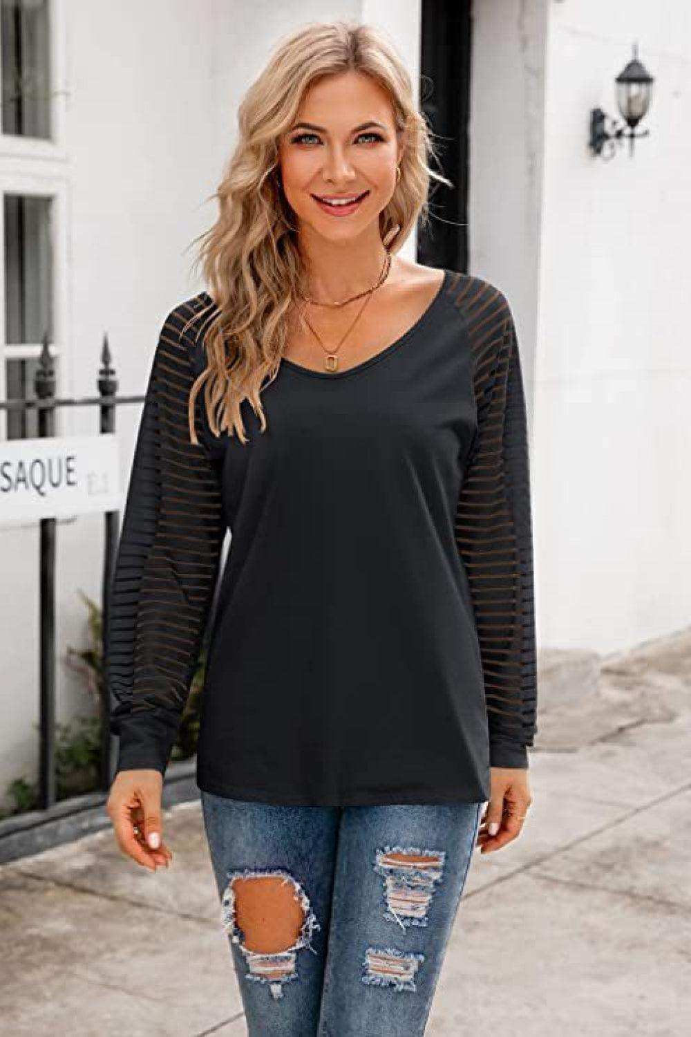 V-Neck Long Raglan Sleeve Top - Trendsi - Flyclothing LLC