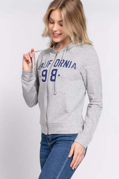 ACTIVE BASIC CALIFORNIA Zip Up Drawstring Long Sleeve Hoodie - Trendsi - Flyclothing LLC