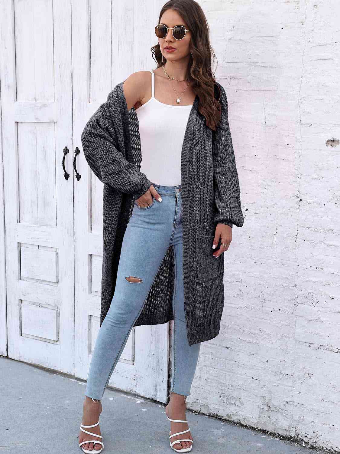 Open Front Longline Cardigan with Pockets - Trendsi - Flyclothing LLC