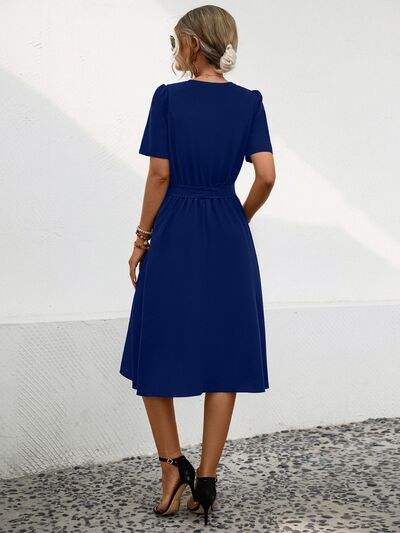 Tied Notched Short Sleeve Dress - Trendsi - Flyclothing LLC