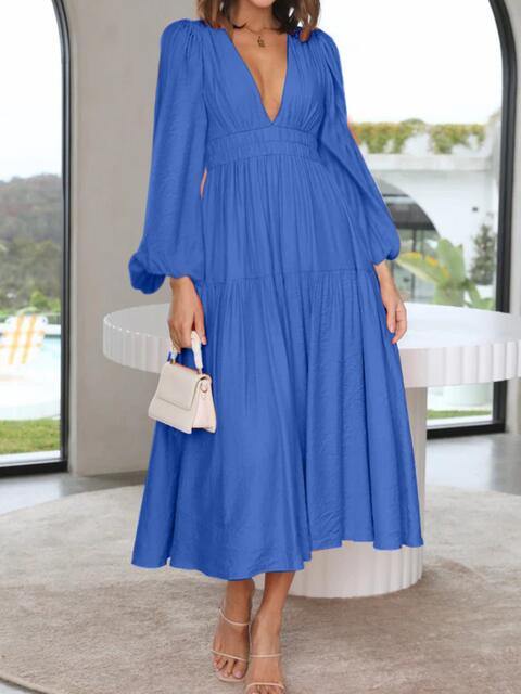 Deep V-Neck Balloon Sleeve Plain Maxi Dress - Trendsi