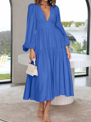 Deep V-Neck Balloon Sleeve Plain Maxi Dress - Trendsi
