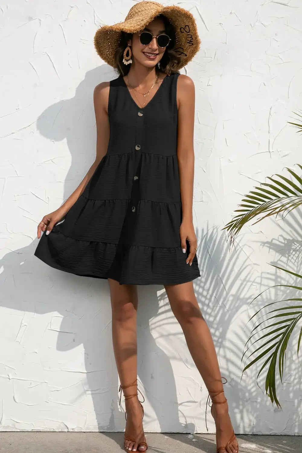Decorative Button V-Neck Tiered Sleeveless Dress - Trendsi - Flyclothing LLC