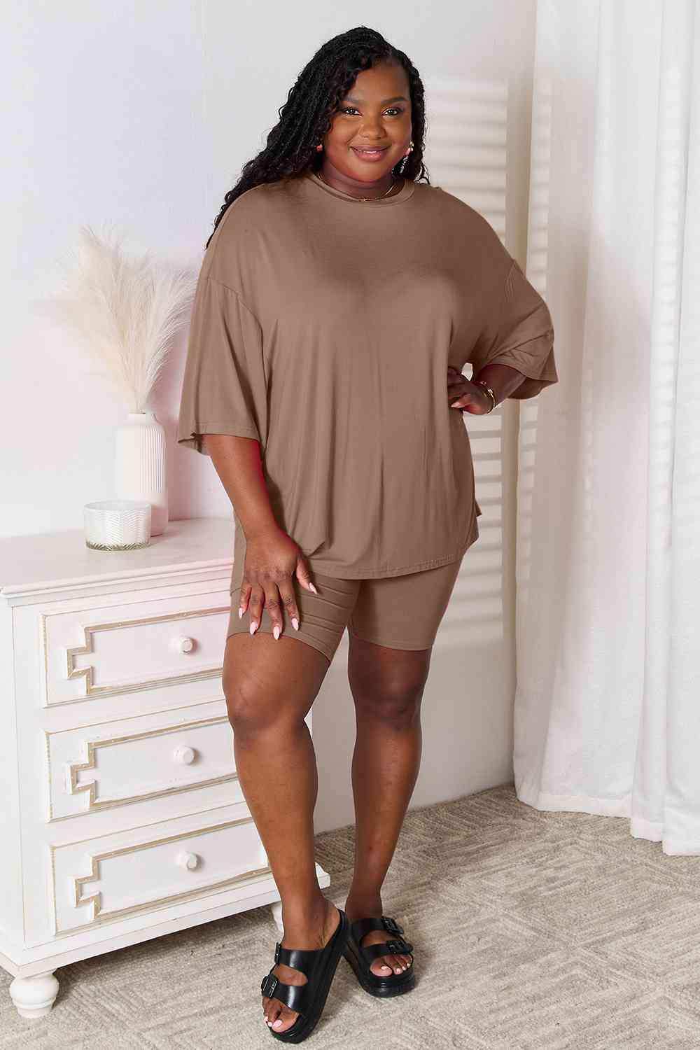 Basic Bae Full Size Soft Rayon Three-Quarter Sleeve Top and Shorts Set - Trendsi - Flyclothing LLC