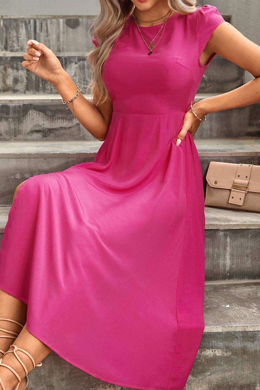 Tie Back Cutout Round Neck Split Dress - Trendsi - Flyclothing LLC