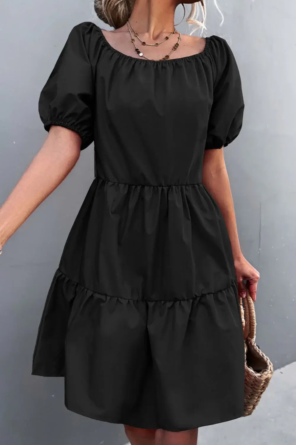 Square Neck Short Sleeve Mini Dress - Trendsi - Flyclothing LLC