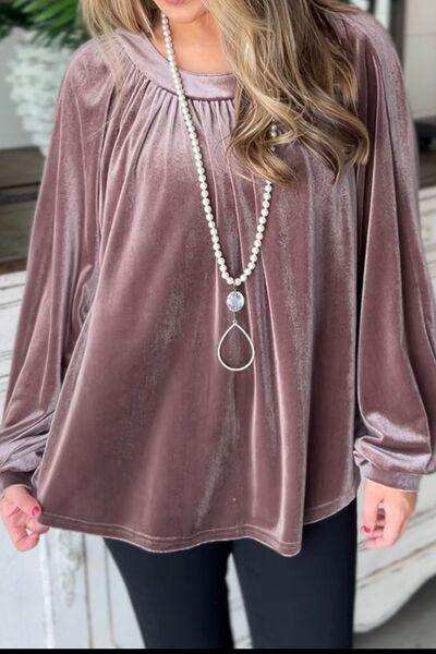 Ruched Round Neck Raglan Sleeve Blouse - Trendsi - Flyclothing LLC