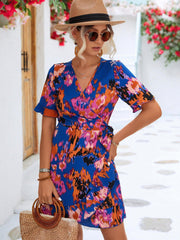 Printed Flounce Sleeve Tied Dress - Flyclothing LLC