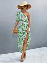 Printed Tie Waist One Shoulder Maxi Dress - Trendsi - Flyclothing LLC
