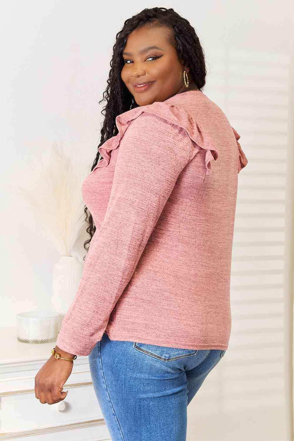 Double Take Ruffle Shoulder Long Sleeve T-Shirt - Trendsi - Flyclothing LLC