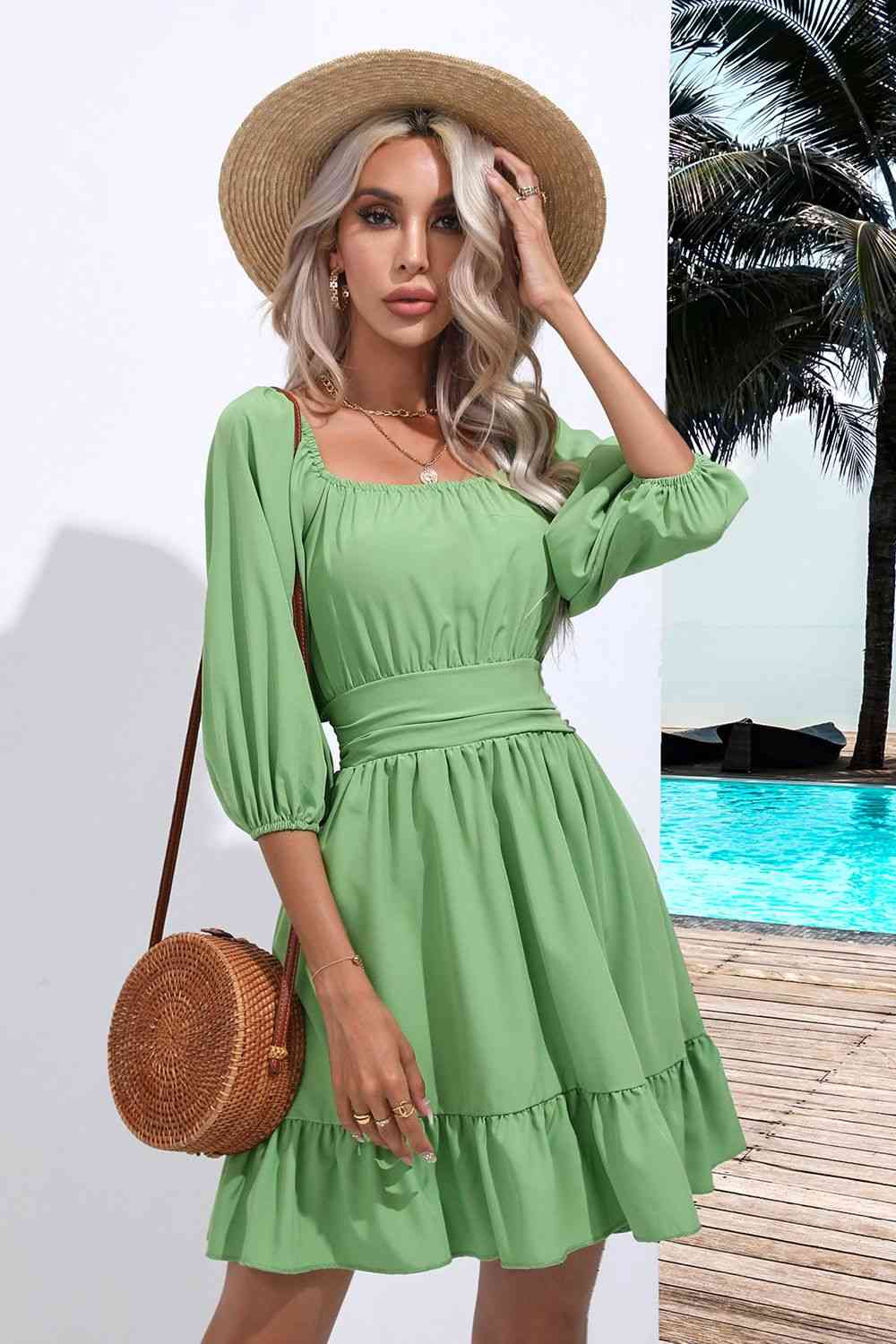Square Neck Tie Back Ruffle Hem Dress - Flyclothing LLC
