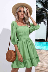 Square Neck Tie Back Ruffle Hem Dress - Flyclothing LLC