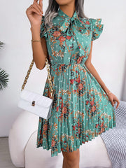 Pleated Floral Printed Tie Neck Knee Length Dress - Trendsi