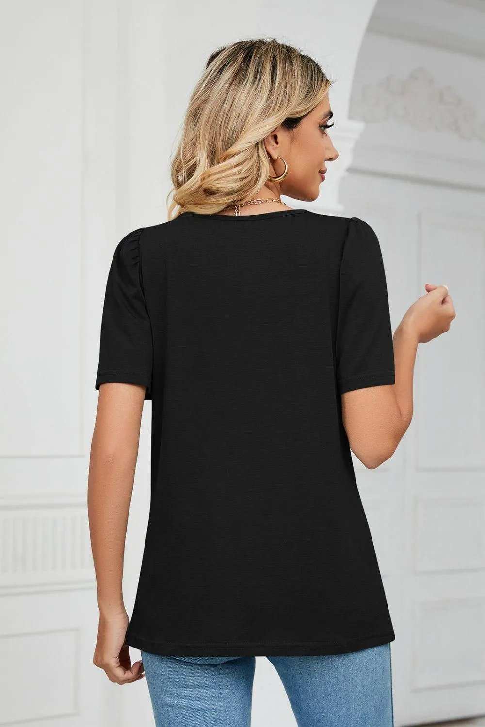 Square Neck Puff Sleeve Tee Shirt - Trendsi - Flyclothing LLC