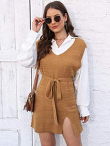 Tie Front V-Neck Sleeveless Slit Sweater Dress - Trendsi - Flyclothing LLC