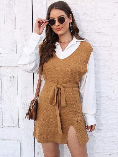 Tie Front V-Neck Sleeveless Slit Sweater Dress - Trendsi - Flyclothing LLC