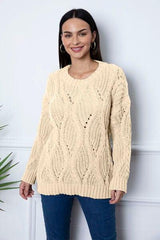 Round Neck Dropped Shoulder Sweater - Trendsi