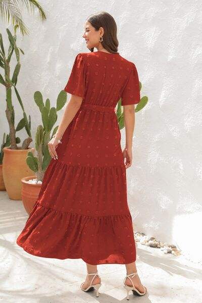 Swiss Dot Tied Surplice Short Sleeve Dress - Trendsi - Flyclothing LLC