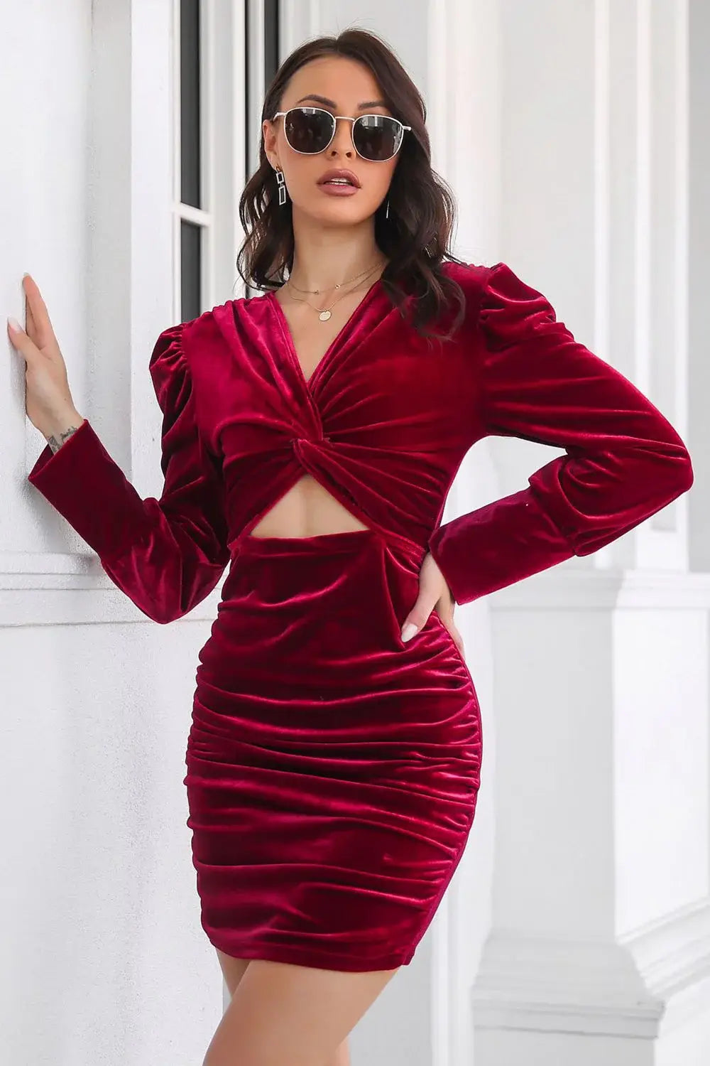 Twist Front Cutout Long Sleeve Dress - Trendsi - Flyclothing LLC