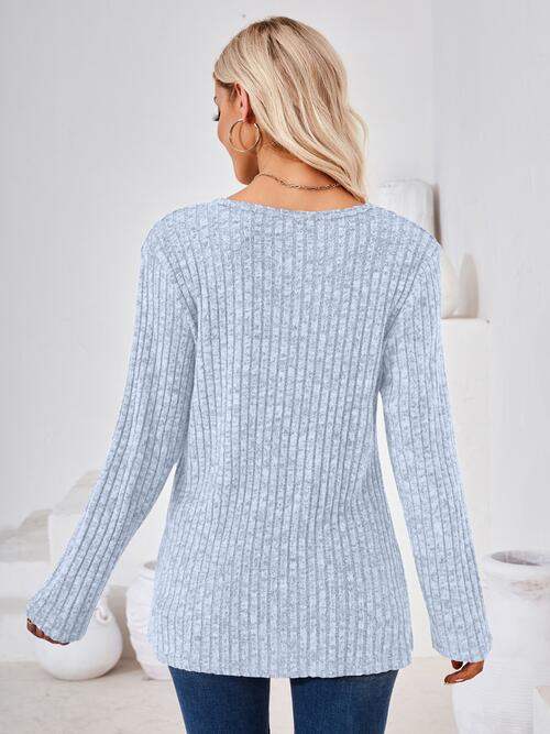 Ribbed Buttoned Round Neck Slit T-Shirt - Trendsi - Flyclothing LLC