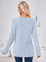 Ribbed Buttoned Round Neck Slit T-Shirt - Trendsi - Flyclothing LLC