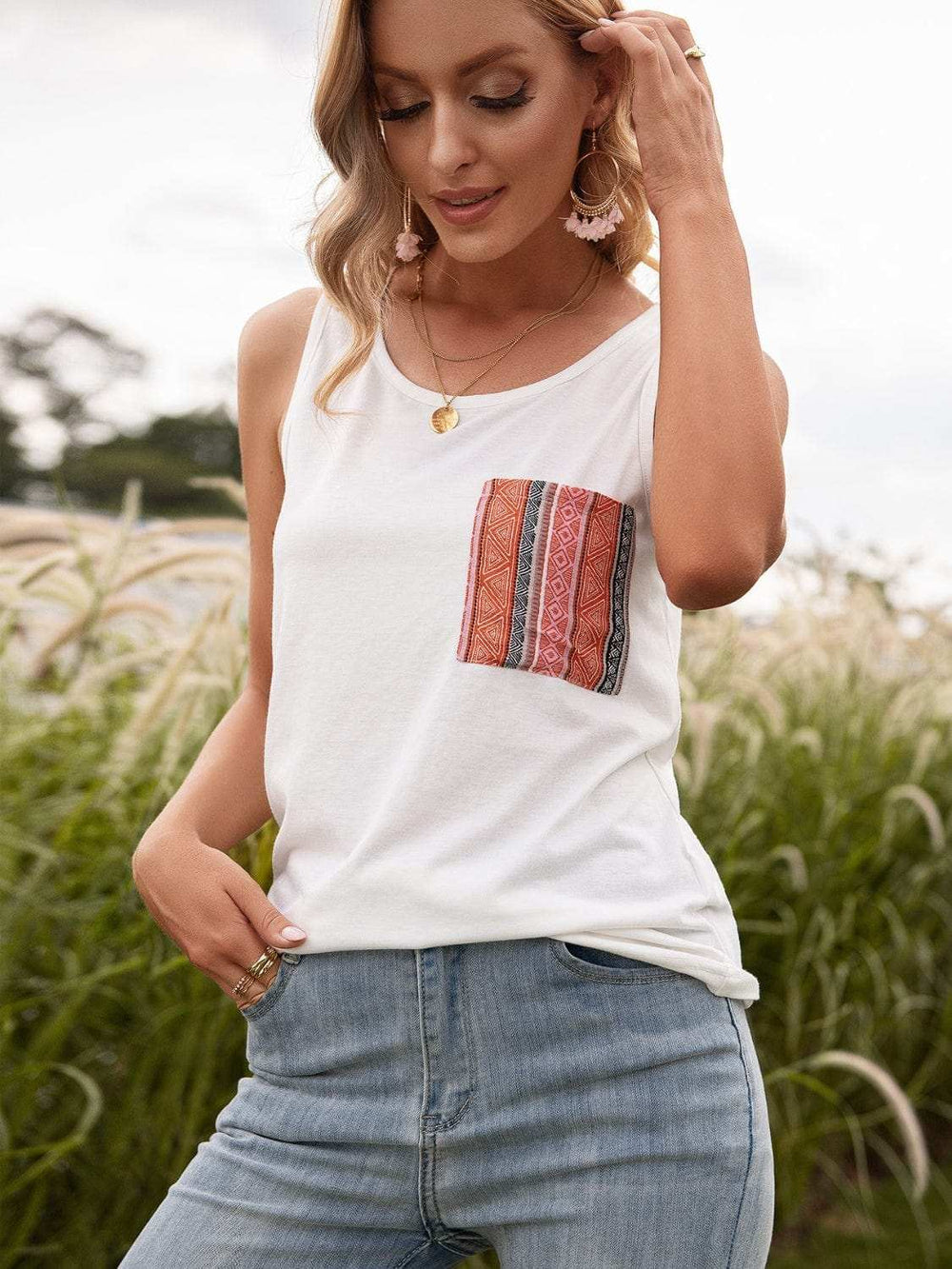 Pocketed Printed Round Neck Tank - Trendsi - Flyclothing LLC