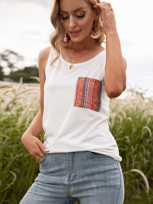 Pocketed Printed Round Neck Tank - Trendsi - Flyclothing LLC