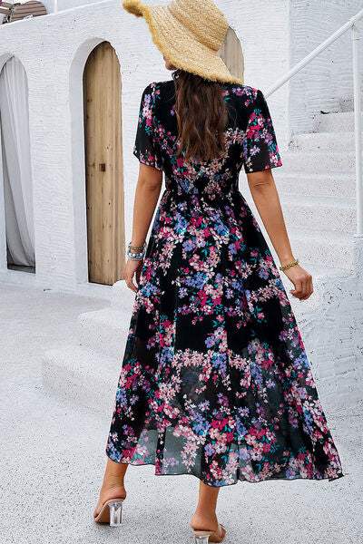 Smocked Floral V-Neck Short Sleeve Dress - Trendsi - Flyclothing LLC