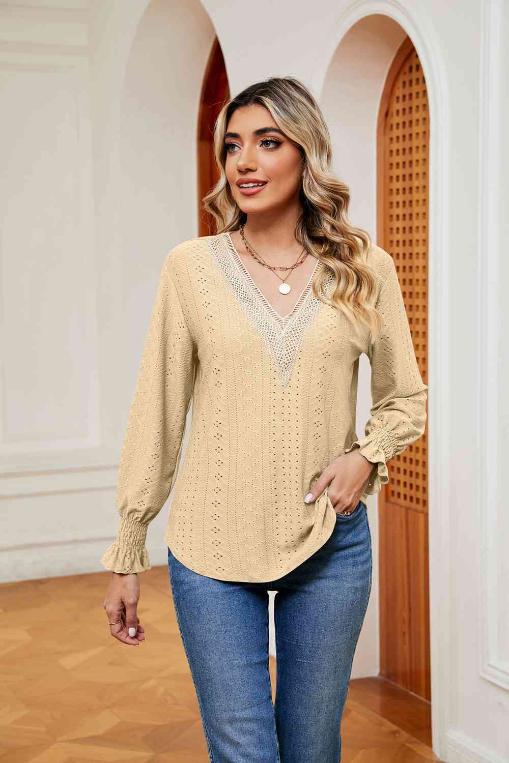 Contrast Flounce Sleeve Blouse - Trendsi - Flyclothing LLC