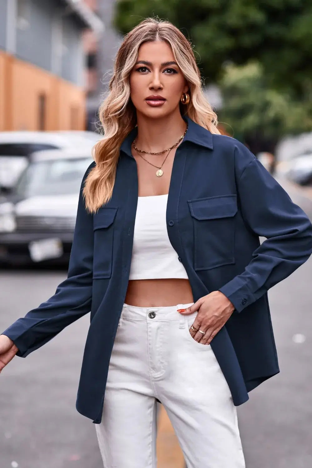 Dropped Shoulder Longline Shirt with Pockets - Trendsi - Flyclothing LLC