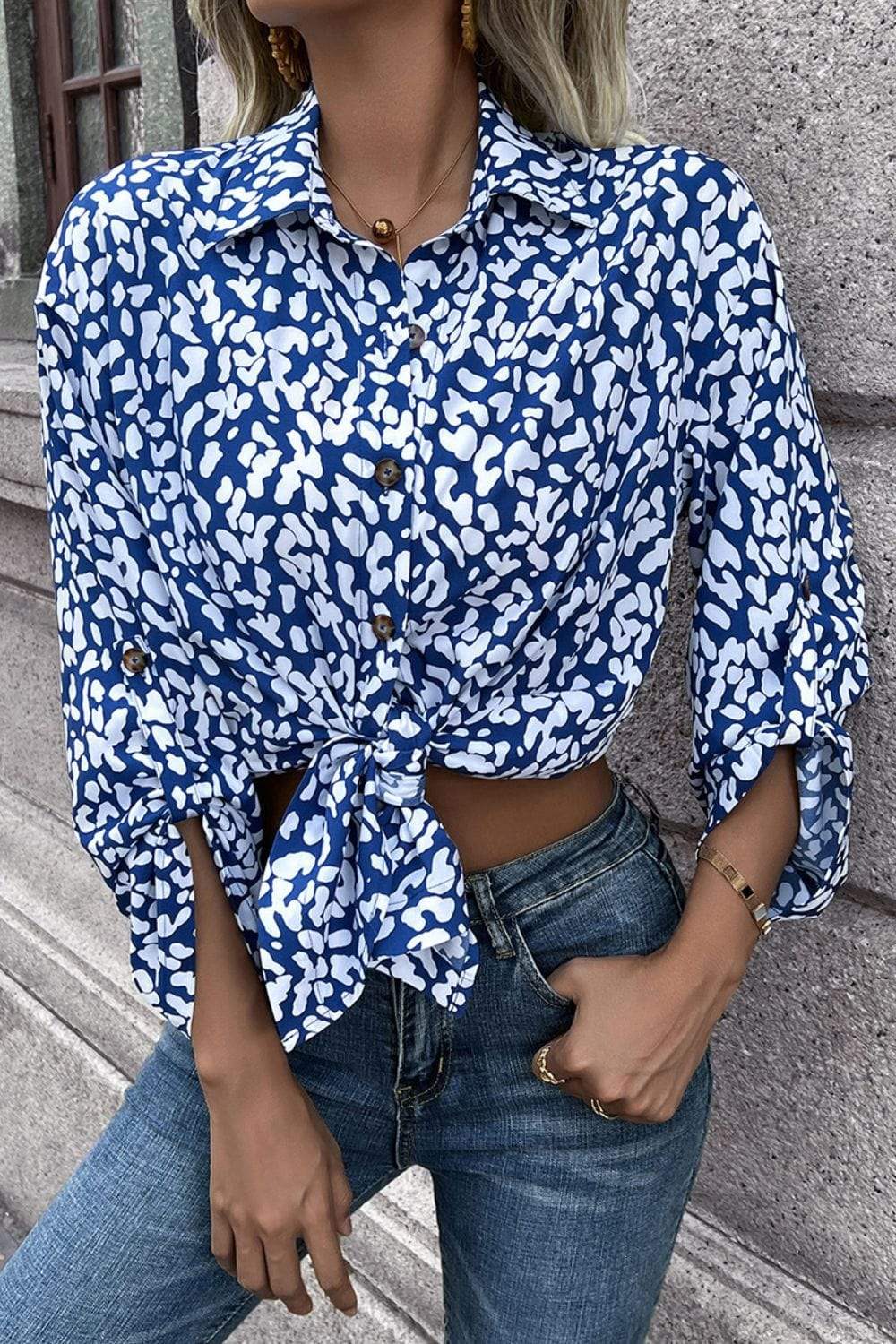 Leopard Roll-Tap Sleeve Shirt - Trendsi - Flyclothing LLC