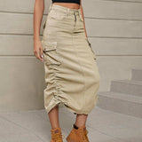 Drawstring Ruched Slit Denim Midi Skirt - Trendsi - Flyclothing LLC
