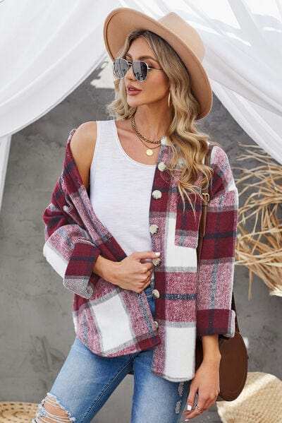 Plaid Button Up Dropped Shoulder Jacket - Trendsi - Flyclothing LLC